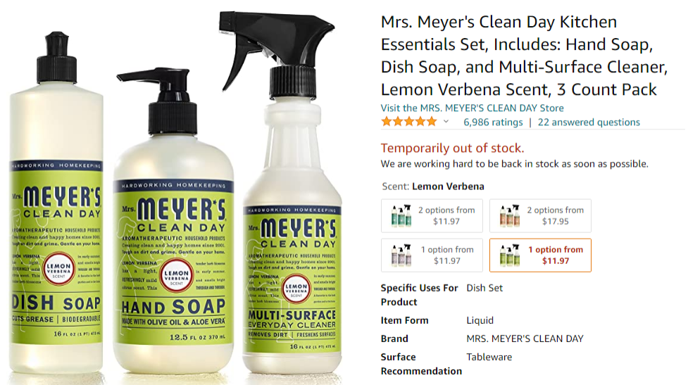 Three bottles of Mrs. Meyer's Cleaning products. Dish Soap, Hand Soap and Multi-Surface Cleaner